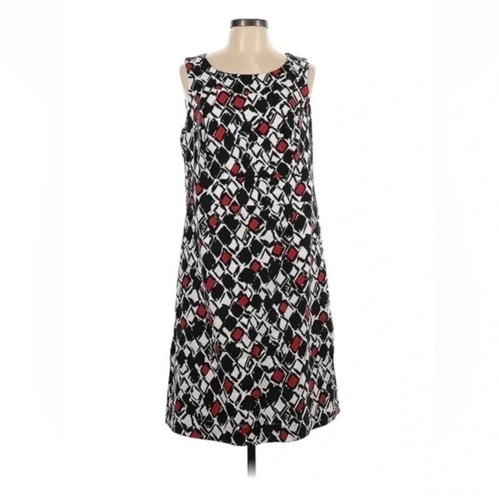 Talbots | Red Black White Geo Print Linen Sleeveless Shift Dress Size 12W